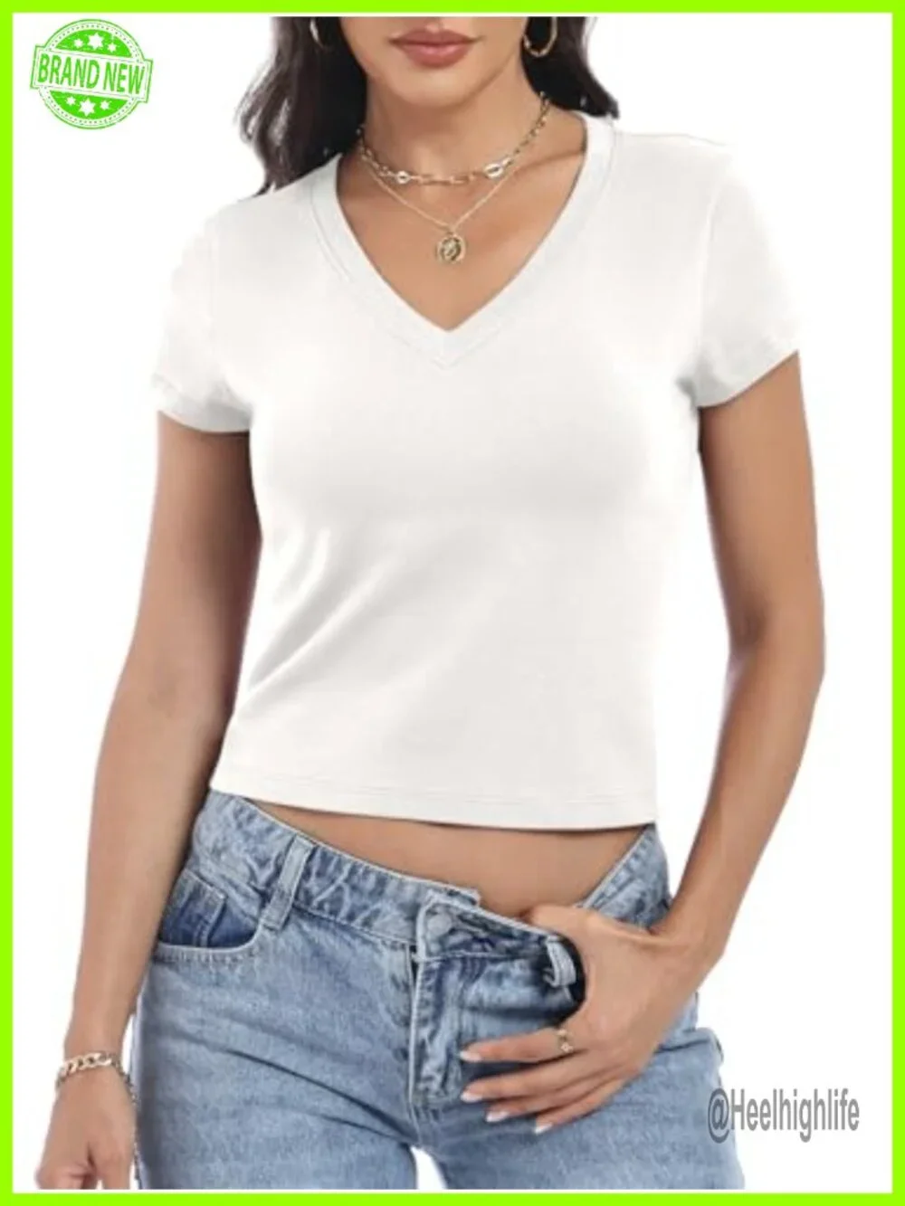 Women's Cotton Crop Top V Neck Slim Fit Short Sleeve T Shirt
